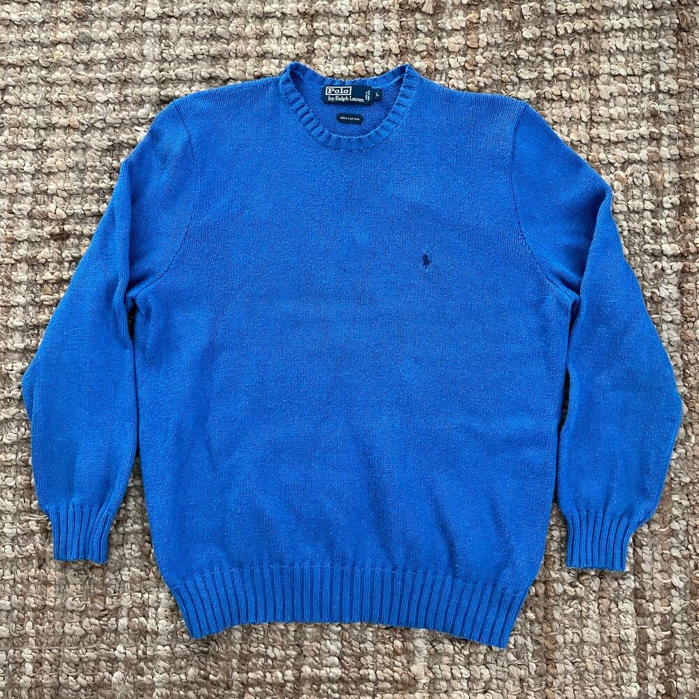 Vintage Polo Ralph Lauren Men’s L Cotton Crewneck Sweater Blue Made Hong Kong